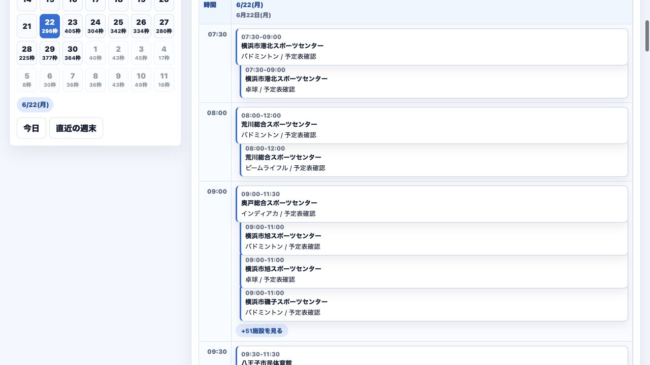 OpenGymの時間帯ビュー。開始時刻ごとに複数施設の利用枠が並んでいる